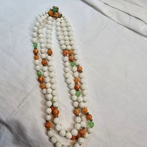 Vintage MCM Hong Kong Triple Strand Barogue White and Orange Lucite Necklace